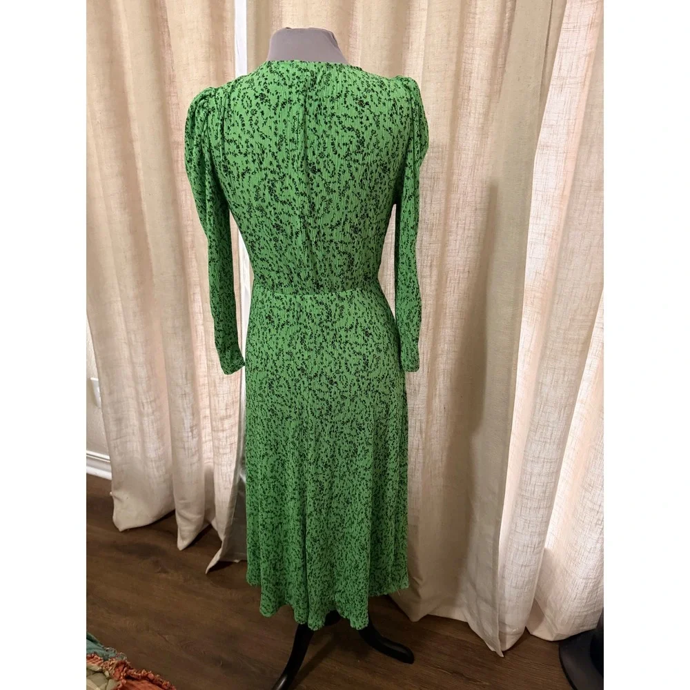 MNG Green Floral Print Midi Dress Long Sleeve V Neck Ruched Waist - Picture 4 of 9